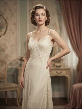 Vintage Movie Star Cream Lace-Trim Slip Adjustable Straps